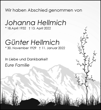 Traueranzeige von Johanna Hellmich von Südthüringer Presse