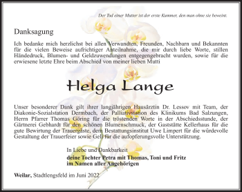 Traueranzeige von Helga Lange von Südthüringer Presse