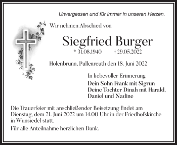 Traueranzeige von Siegfried Burger von Frankenpost