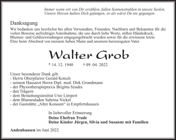 Traueranzeige von Walter Grob von Südthüringer Presse