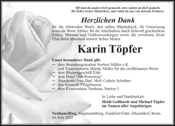 Traueranzeige von Karin Töpfer von Südthüringer Presse