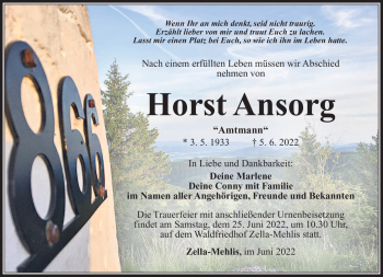Traueranzeige von Horst Ansorg von Südthüringer Presse