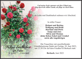Traueranzeige von Helga Endlicher von Südthüringer Presse