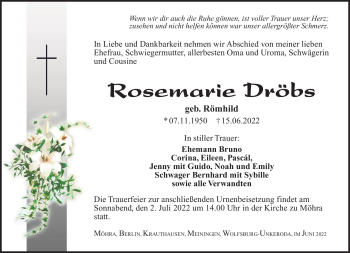 Traueranzeige von Rosemarie Dröbs von Südthüringer Presse