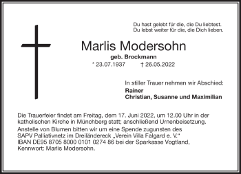 Traueranzeige von Marlis Modersohn von Frankenpost
