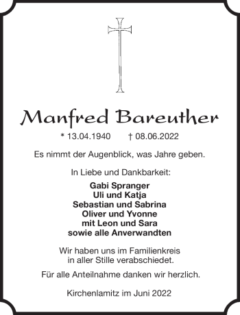 Traueranzeige von Manfred Bareuther von Frankenpost