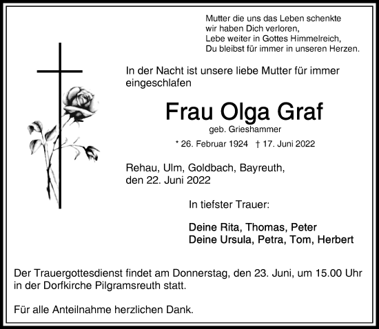 Traueranzeige von Olga Graf von Frankenpost