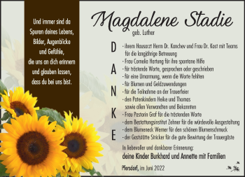 Traueranzeige von Magdalene Stadie von Südthüringer Presse
