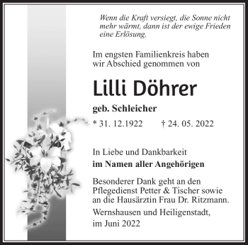 Traueranzeige von Lilli Döhrer von Südthüringer Presse