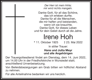 Traueranzeige von Irene Hoh von Frankenpost