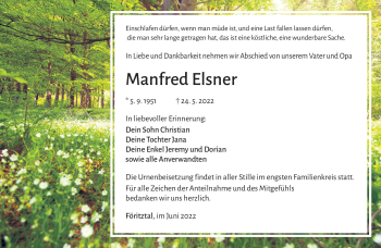 Traueranzeige von Manfred Elsner von Südthüringer Presse