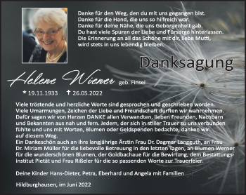 Traueranzeige von Helene Wiener von Südthüringer Presse
