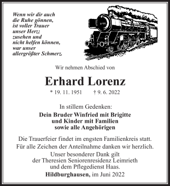 Traueranzeige von Erhard Lorenz von Südthüringer Presse