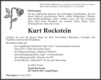 Traueranzeige von Kurt Rockstein von Südthüringer Presse
