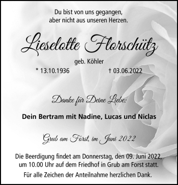 Traueranzeige von Lieselotte Florschütz von Neue Presse Coburg