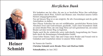 Traueranzeige von Hans Heiner Schmidt von Südthüringer Presse