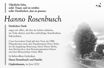 Traueranzeige von Hanno Rosenbusch von Südthüringer Presse