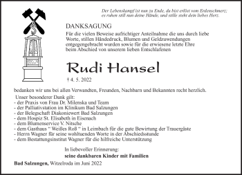 Traueranzeige von Rudi Hansel von Südthüringer Presse