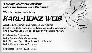 Traueranzeige von Karl-Heinz Weiß von Südthüringer Presse