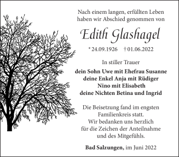 Traueranzeige von Edith Glashagel von Südthüringer Presse