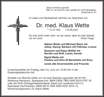 Traueranzeige von Klaus Wette von Frankenpost