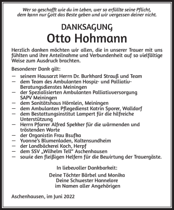 Traueranzeige von Otto Hohmann von Südthüringer Presse