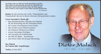 Traueranzeige von Dieter Malsch von Südthüringer Presse