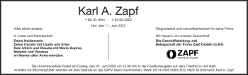 Traueranzeige von Karl A. Zapf von Frankenpost