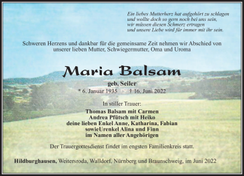 Traueranzeige von Maria Balsam von Südthüringer Presse
