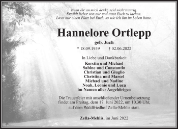 Traueranzeige von Hannelore Ortlepp von Südthüringer Presse