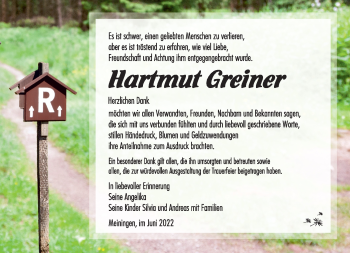Traueranzeige von Hartmut Greiner von Südthüringer Presse