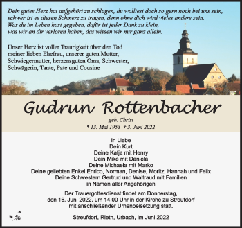 Traueranzeige von Gudrun Rottenbacher von Südthüringer Presse