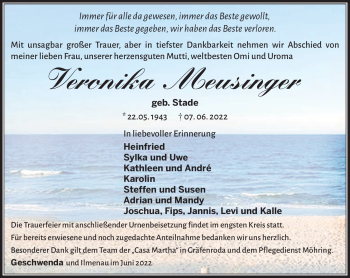 Traueranzeige von Veronika Meusinger von Südthüringer Presse