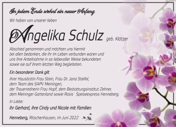Traueranzeige von Angelika Schulz von Südthüringer Presse