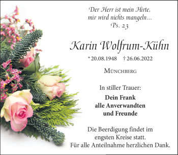 Traueranzeige von Karin Wolfrum-Kühn von Frankenpost