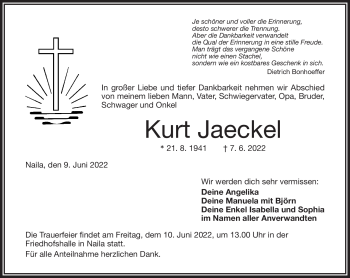 Traueranzeige von Kurt Jaeckel von Frankenpost