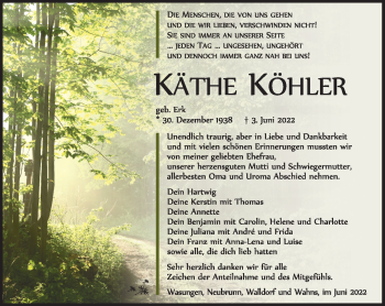 Traueranzeige von Käthe Köhler von Südthüringer Presse