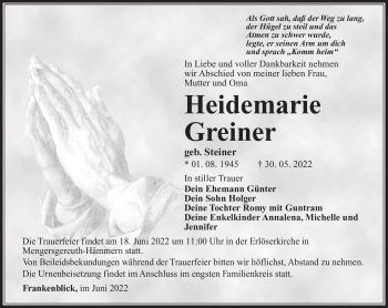 Traueranzeige von Heidemarie Greiner von Südthüringer Presse
