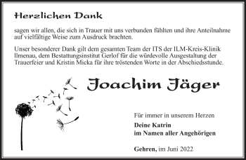 Traueranzeige von Joachim Jäger von Südthüringer Presse