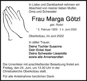 Traueranzeige von Marga Götzel von Frankenpost
