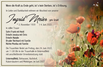 Traueranzeige von Ingrid Meier von Südthüringer Presse