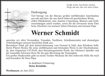 Traueranzeige von Werner Schmidt von Südthüringer Presse