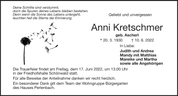 Traueranzeige von Anni Kretschmer von Frankenpost
