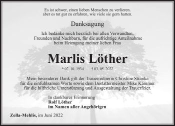 Traueranzeige von Marlis Löther von Südthüringer Presse