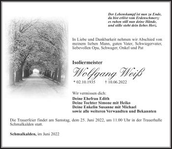 Traueranzeige von Wolfgang Weiß von Südthüringer Presse