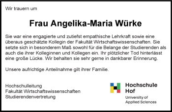 Traueranzeige von Angelika-Maria Würke von Frankenpost