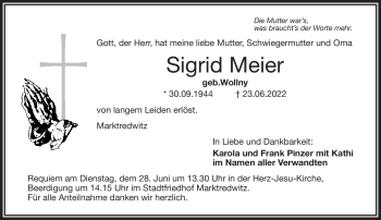 Traueranzeige von Sigrid Meier von Frankenpost