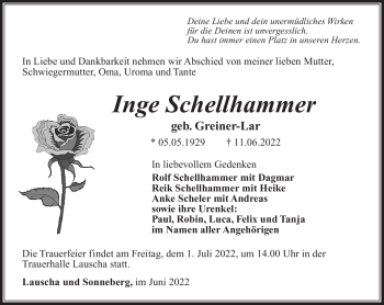 Traueranzeige von Inge Schellhammer von Südthüringer Presse