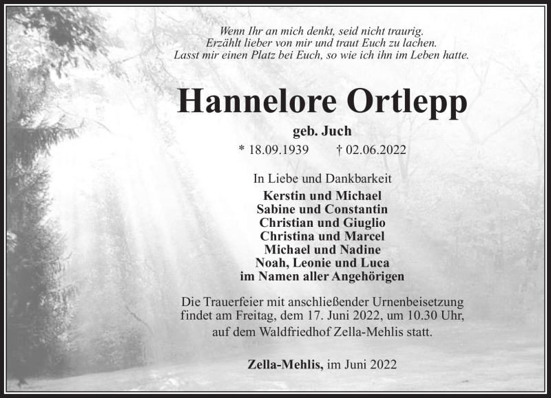  Traueranzeige für Hannelore Ortlepp vom 11.06.2022 aus Südthüringer Presse