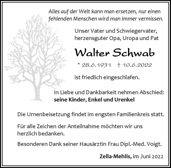 Traueranzeige von Walter Schwab von Südthüringer Presse